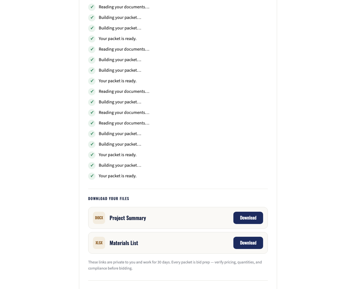 The packet page for the sample project, listing every document the packet includes