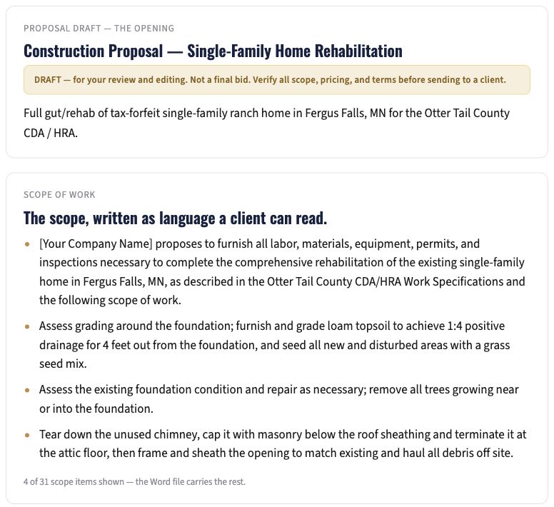 Published sample excerpt showing the proposal draft opening and review banner